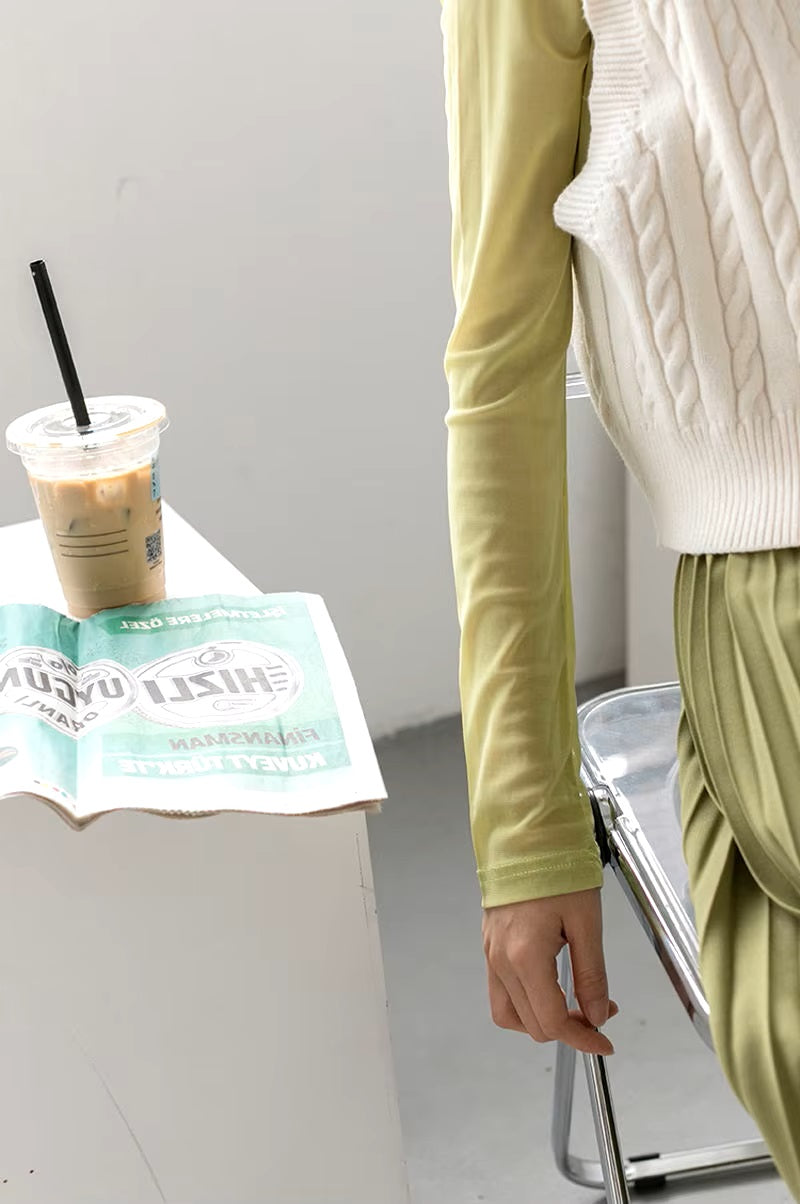 Mesh Shell Top Long Sleeves Round Neck Collar