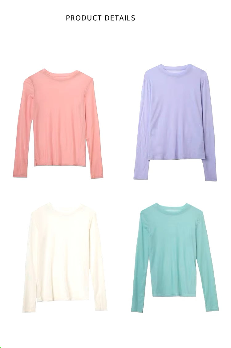 Mesh Shell Top Long Sleeves Round Neck Collar