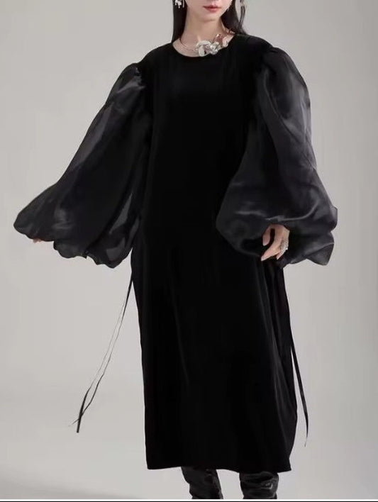 Elegant Black Organza Velvet Dress with Round Neck Long Organza Puff Sleeve
