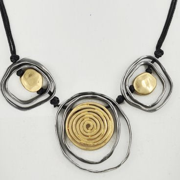 Matte Gold Tone & Hematite Tone on Black Cord Geometric Necklace