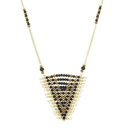 Czech Bead Triangle Pendant Long Necklace Gold Tone w/ Blk & Brn