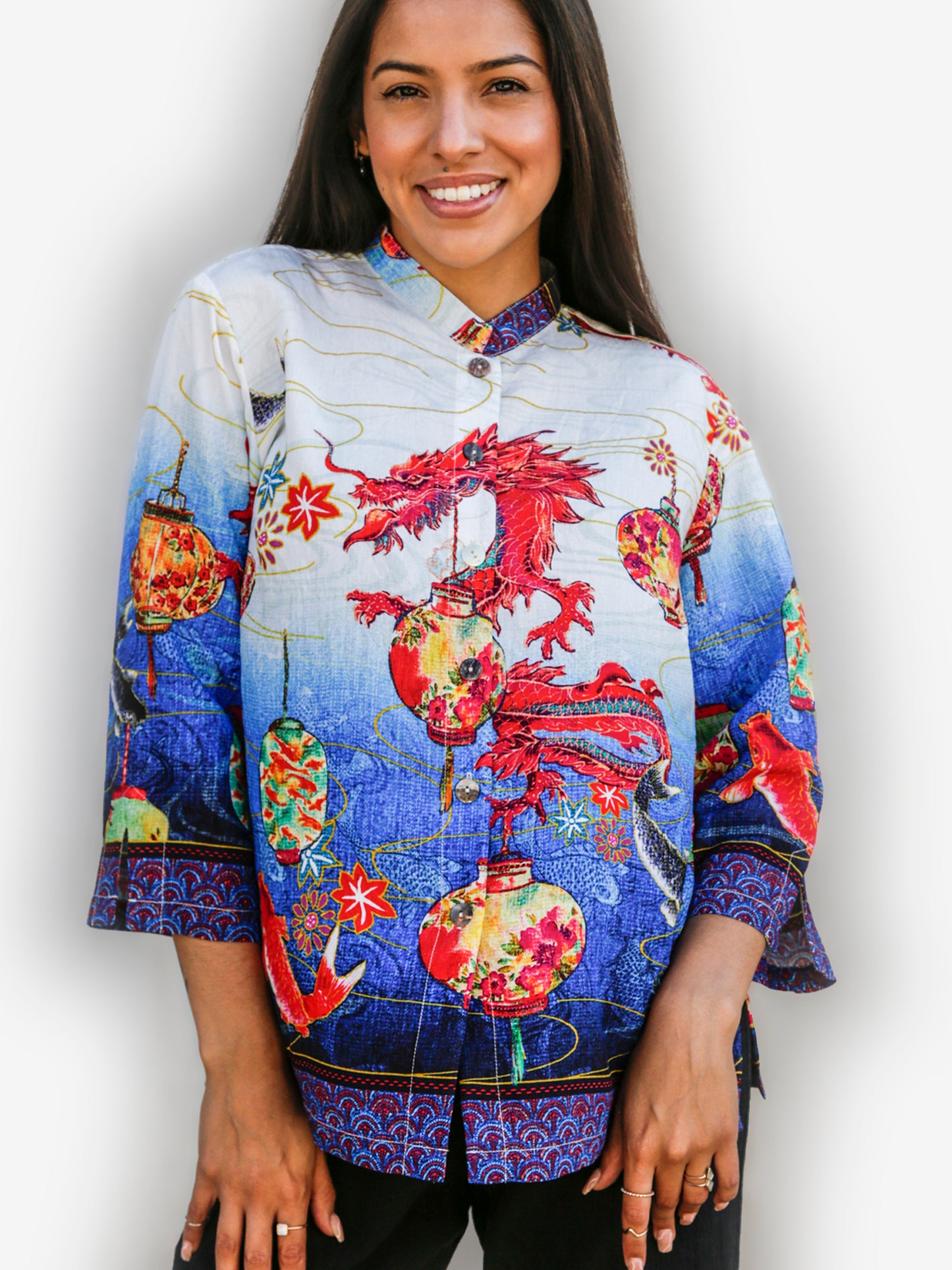 Fish and Dragon 3/4 Sleeve Top by Citron