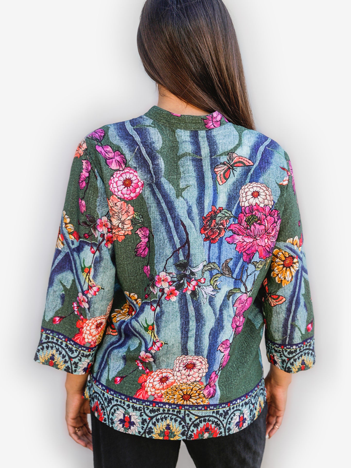 Floral Engineered Border 3/4 Sleeve Top by Citron