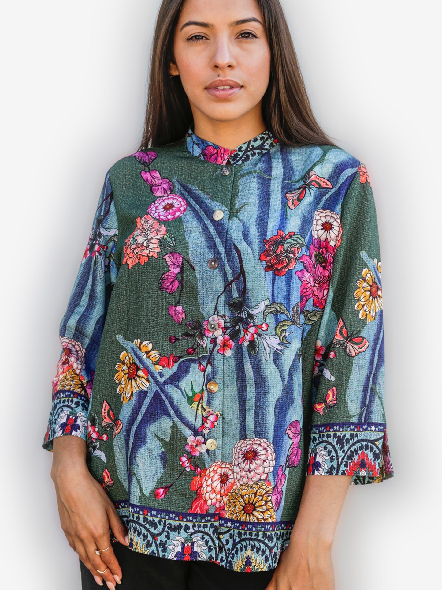 Floral Engineered Border 3/4 Sleeve Top by Citron