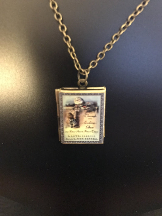 Book Locket "Through The Looking Glass" Necklace Bronze