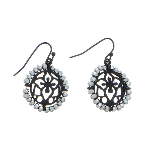 Filigree Laser Cut Out Disc Earrings with Silver Seed Beads Black