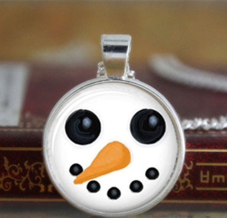 Glass Cabochon Snowman Face Bezel Set Necklace Silver Tone