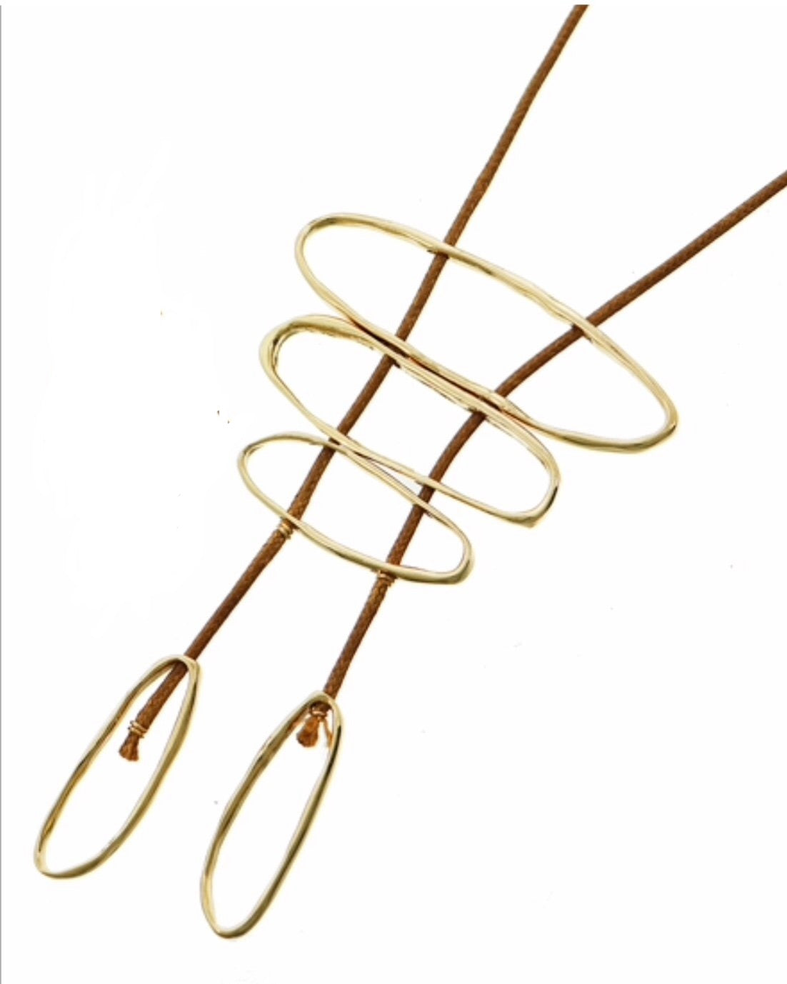 Long Necklace Geometric Gold Ovals on Brown Cord