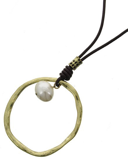 Long Necklace Antiqued Gold Circle Pendant & Pearl on Brown Leather Cord