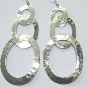 Hammered 3 Circle Link Dangle Earrings Silver Tone