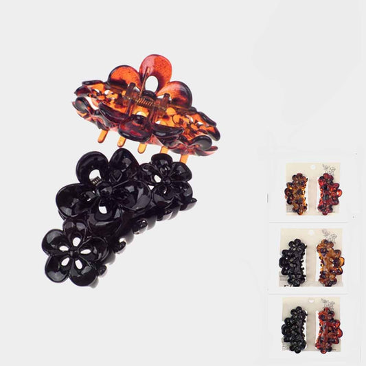 Set of 2 - Floral Celluloid Acetate Tortoise Hair Claw Clips
