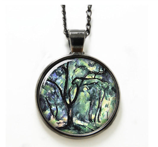 Glass Cabochon Impressionist Trees Bezel Set Necklace Hematite