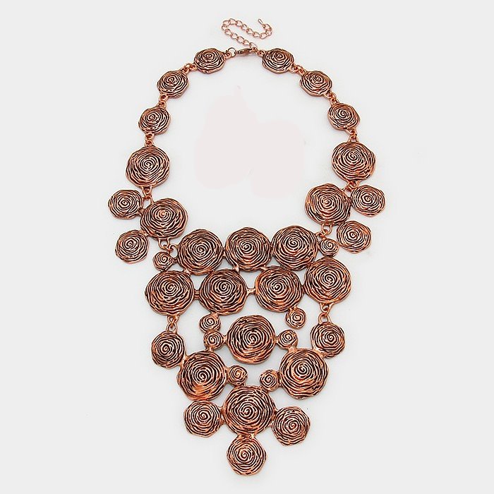 Textured metal rose link bib necklace