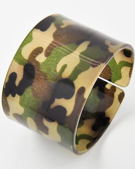 Large Green Camouflage Print Acrylic Cuff Bracelet