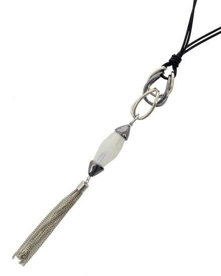 Hematite Tone & Silver Tone Teardrop Tassel Vegan Leather Cord Long Necklace