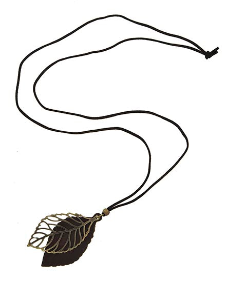 Burnished Gold Tone Leaf Pendant On Brown Suede Cord Long Necklace