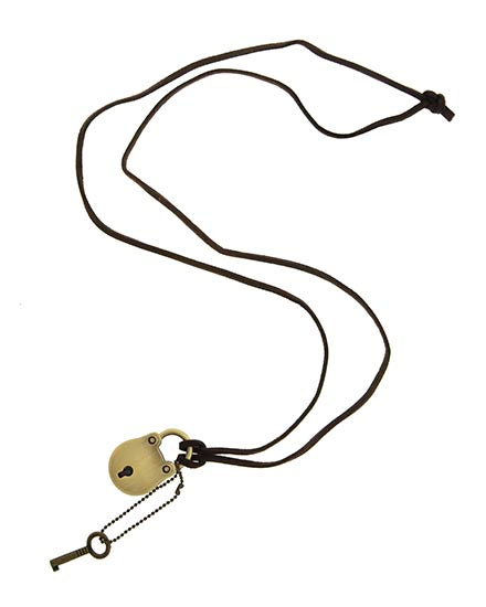 Burnished Gold Tone Lock & Key Pendant on Brown Suede Cord Long Necklace