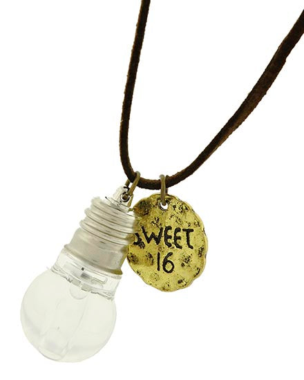 Burnished Two Tone Light Bulb/ Sweet16 Pendant on Brown Suede Cord Long Necklace