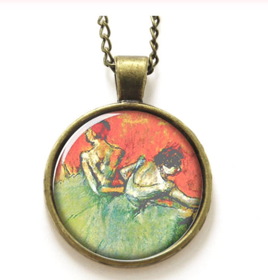 Glass Cabochon Degas Ballerinas Bezel Set Necklace Bronze