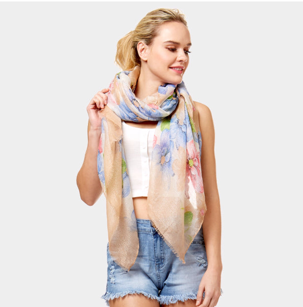 Floral Print Oblong Scarf Beige