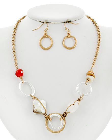 Matte Two Tone Metal with Stone and Shell Abstract Necklace & Earring Set