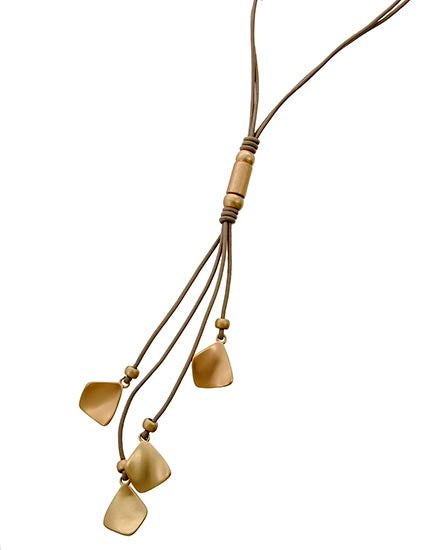 Beige Leather Y-neck  with Matte Gold Charms on Long Necklace