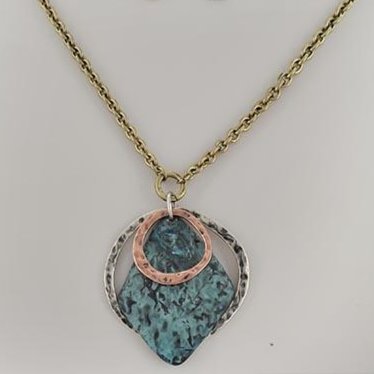 Geometric Tri-tone & Patina Pendant Necklace Silver,Copper,Patina 17" with ext