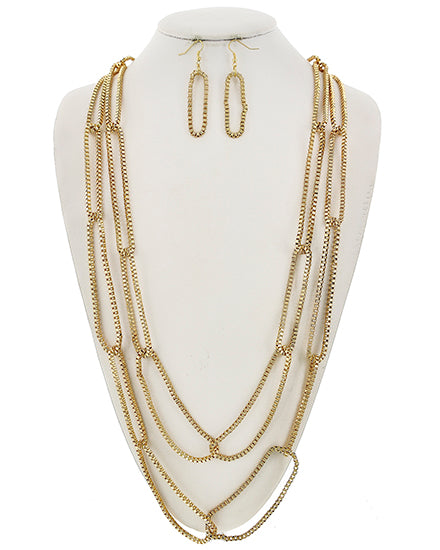 Gold Tone Long Necklace with Earrings Set Snake Chain Links