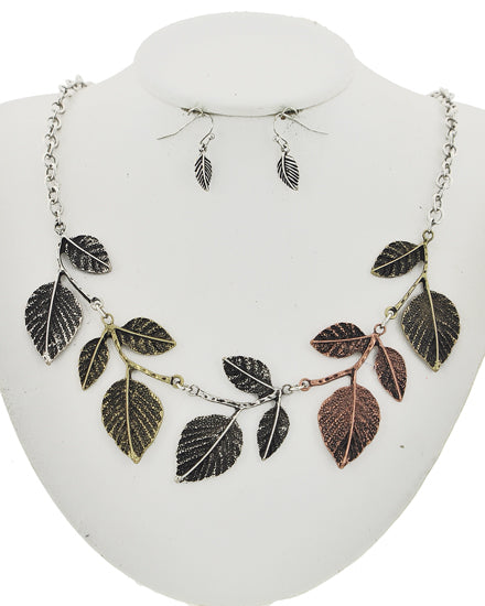 Antiqued Silver Toned Leaf Motif Necklace & Earring Set