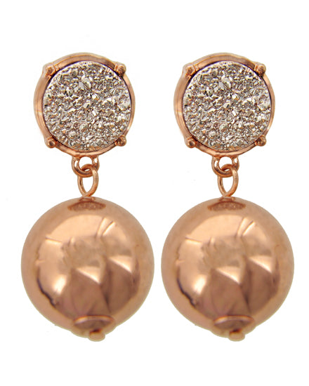 Rose Gold Druzy Stone and Bead Post Dangle Earring