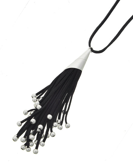 Matte Silver Tone Tassel Adjustable on Black Genuine Suede Long Necklace
