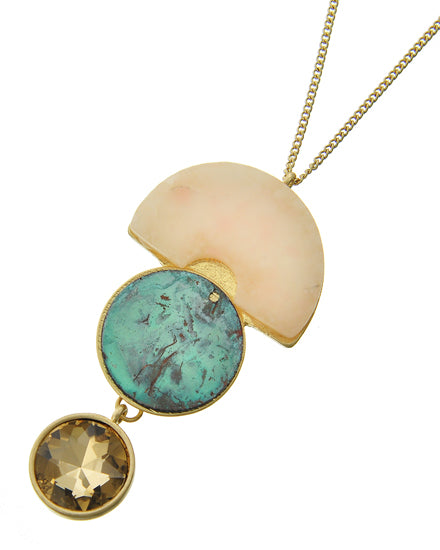Topaz Glass & Peach Stone Pendant Long Necklace Gold Tone & Patina
