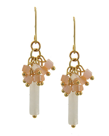 Rose Pink Glass Seed Beads & White Stone Dangle Earring