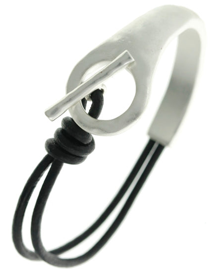 Matte Silver Tone Black Leather Cord Toggle Closure / Bracelet