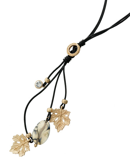 Matte Gold Tone Leaf & Grey Stone Pendant on Black Leather Cord Long Necklace
