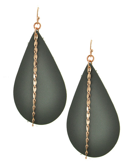 Vegan Leather Teardrop w/ Rose Gold Chain Accent Dangle Earring