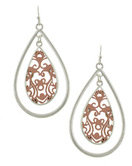 Teardrop & Filigree Dangle Earring Silver/Pink