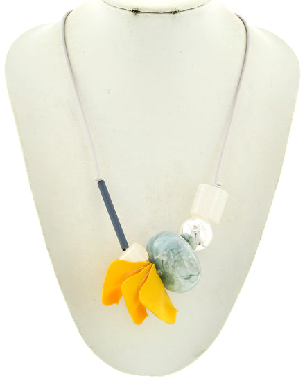 Geometric Grey Stone & Acrylic Bead On Cord Long Necklace