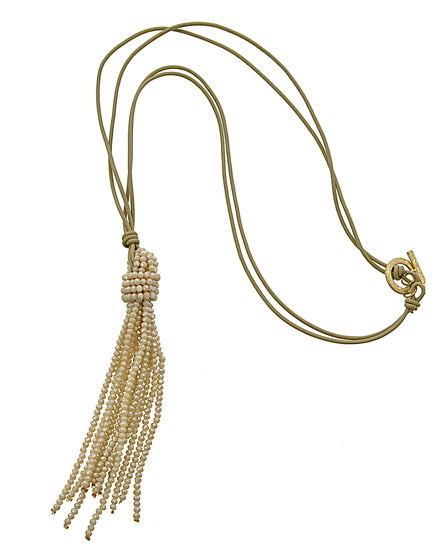 Long Necklace Beige Leather Cord & Glass Crystal Tassel Toggle Closure