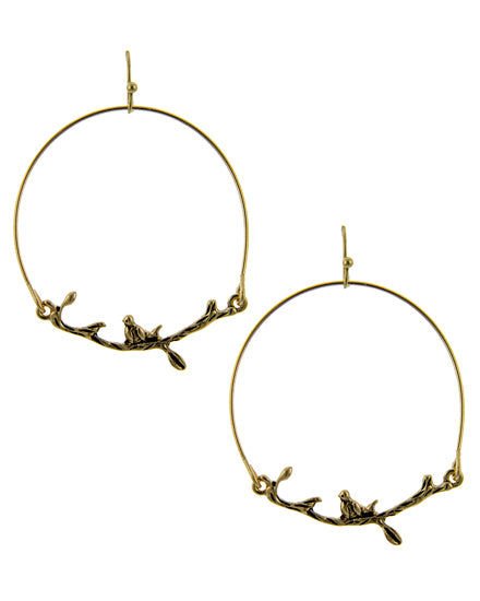 Bird Branch Wire Hoop Dangle Earring