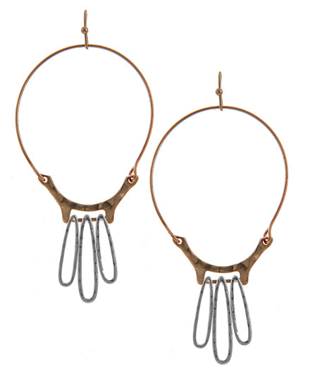 Hammered Oval Wire Hoop Dangle Earring Two-Tone