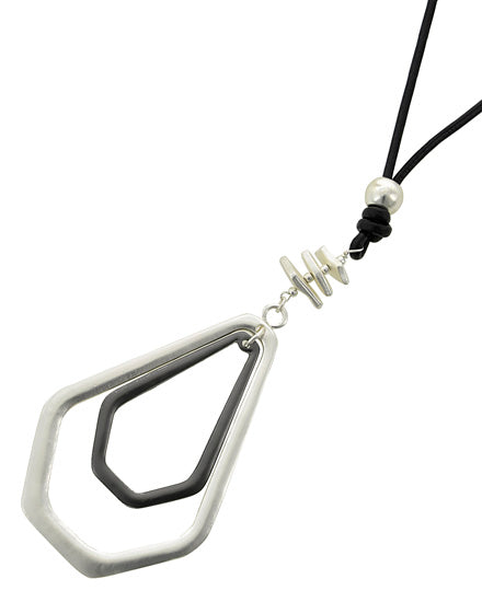 Matte Silver & Hematite Tone Blk Leatherette Cord Metal Pendant Lg Necklace