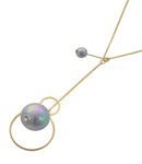 Long Necklace With Grey Faux Pearl Geometric Drop Pendant Gold Tone