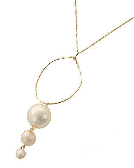 Light Peach Faux Pearl Graduating Pendant Ball Long Necklace Gold Tone