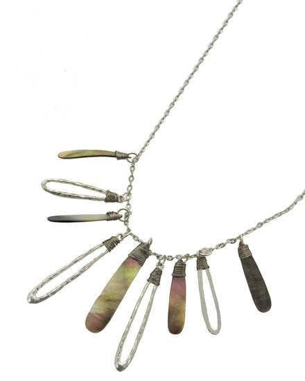 Graduating Green Multi Color Abalone Shell Short Necklace Silver Tone