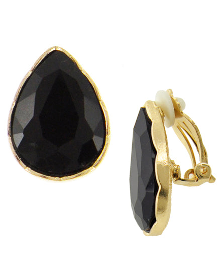 Black Crystal Teardrop Clip-on Earring Gold Tone