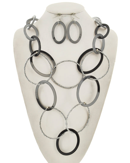 Open Oval Graduating Black & Grey Acrylic Hematite Tone Long Necklace Bib & Earring