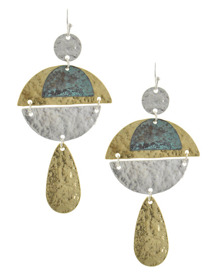 Geometric Matte Gold & Silver with Patina  Hammered Dangle Earring