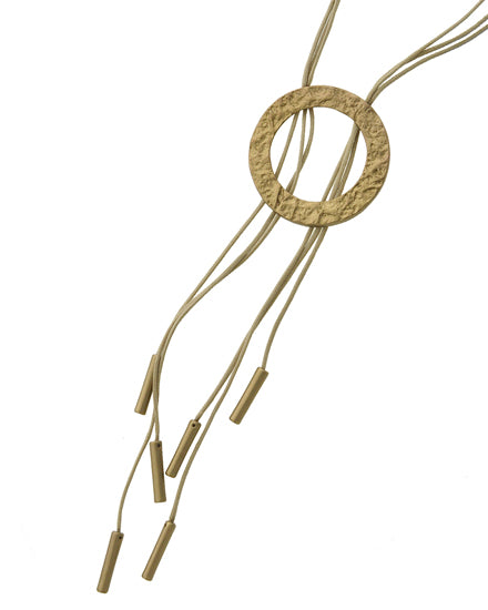Contemporary Matte Copper Tone Lt.brown Leatherette Metal Circle Pendant Long Necklace