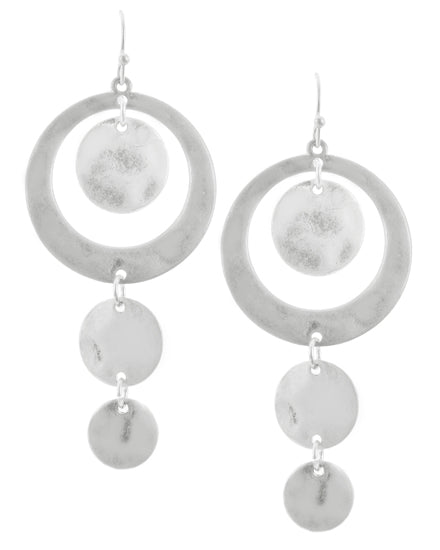 Geometric Round Hammered Silver Tone Dangle Earrings